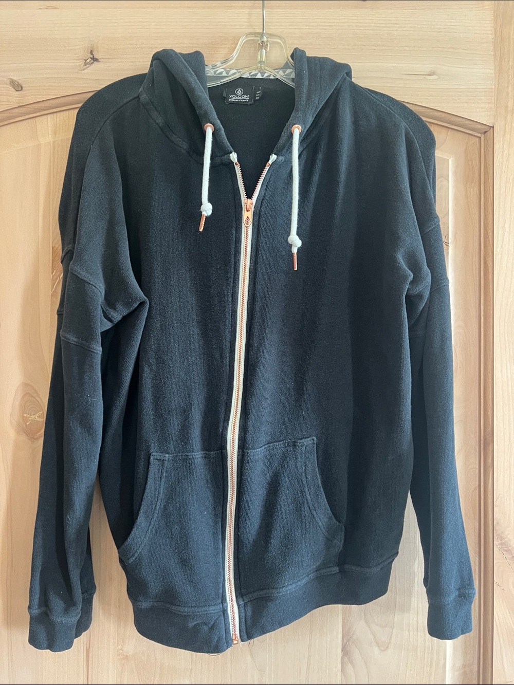 Volcom Black Zip-Up Hooded Sweater with White Drawcords